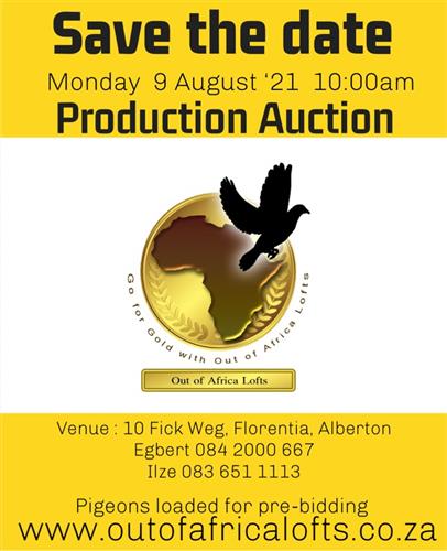 SAVE THE DATE! MONDAY 9 AUGUST 2021 @ 10:00 AM. OUT OF AFRICA LOFTS PRODUCTION AUCTION. ALBERTON CLUB. PRE-AUCTION TO BE LOADED SOON ON outofafricalofts.co.za